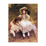 Postcard: Collie Dog, Girl and Cat