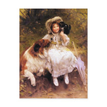 Postcard: Collie Dog, Girl and Cat