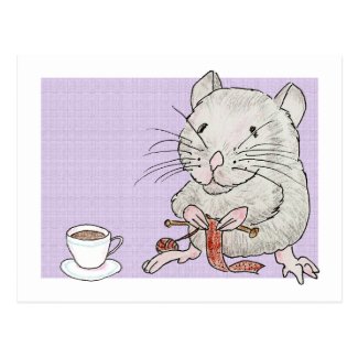 Postcard of a grey hamster knitting a scarf