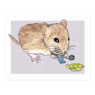 Postcard of a knitting brown mouse