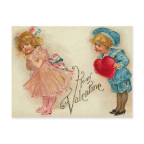 Postcard - old-fashioned valentine girl boy heart