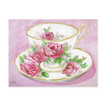 Postcard - Pink Floral Rose Watercolor Teacup