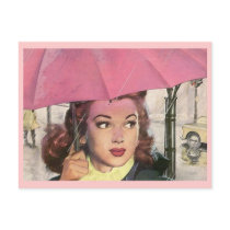 Postcard Retro Rainy Day shower & a Pink Umbrella