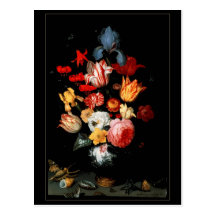 Postcard Vintage Art Still Life Flowers Bugs Shell