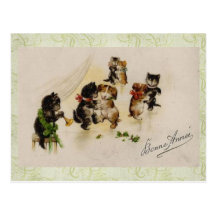 Postcard-Vintage Christmas Cats Dogs Dancing