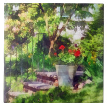 Pot of Geraniums Near Steps Tiles