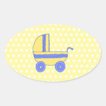 Poussette de bébé jaune et bleu sticker ovale