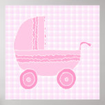 Poussette de bébé. Rose-clair sur le guingan rose Affiches
