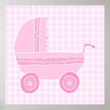 Poussette de bébé. Rose-clair sur le guingan rose Affiches