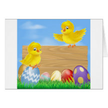 Poussins de Pâques et signe en bois Carte