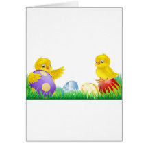Poussins et oeufs de pâques jaunes mignons carte de vœux