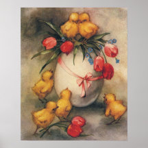 Poussins vintages de Pâques, fleurs rouges de tuli Posters