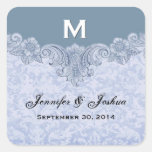 Powder Blue Vintage Wedding Names Date Square Sticker