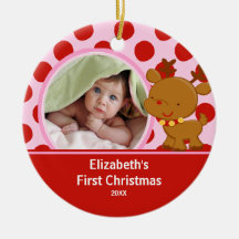 Premier renne d'ornement de photo de Noël du bébé