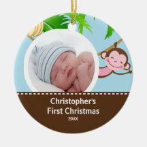 Premier singe d'ornement de photo de Noël du bébé
