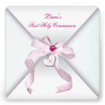 Première communion de coeur de croix de rose rose  cartons d'invitation personnalisés