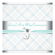 Première communion de coeur de croix rose turquois invitations