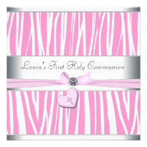 Première communion de zèbre de coeur de croix rose invitations