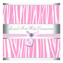 Première communion de zèbre de coeur de croix rose cartons d'invitation