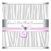 Première communion de zèbre de coeur de croix rose invitations