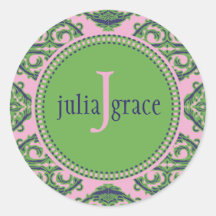 Preppy Pale Pink, Green & Blue Damask Round Sticker