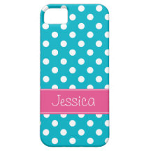 Preppy Pink and Teal Blue Polka Dots Personalized iPhone 5 Covers