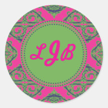Preppy Pink Damask Round Stickers