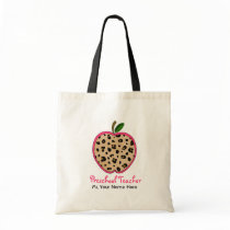 Preschool Teacher Leopard Print & Pink Apple Tote Bags