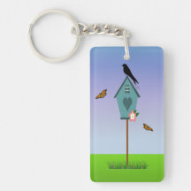 Pretty Bird Silhouette on top a Blue Birdhouse Rectangular Acrylic Key Chain
