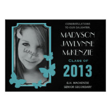 Pretty Blue Butterfly Framed Photo Graduation Custom Invitations
