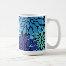 Pretty Blue Flowers Floral Art on Black Coffee Mugs