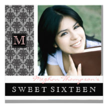 Pretty Damask Monogram Sweet 16 Party Invitation