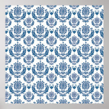 Pretty Indigo Blue Damask Pattern Print