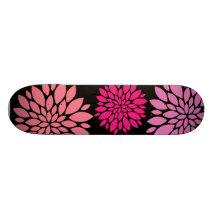 Pretty Pink and Purple Flowers on Black Skate Board