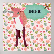 Pretty Pink Deer Retro Floral Poster