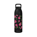 Pretty pink roses on black water bottle