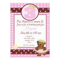 Princess bear girls 3rd birthday invitation invitations