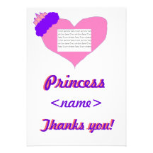 Princess Heart Third Birthday Party Thank You Card Custom Invitations