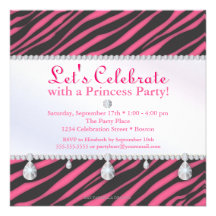 Princess Party Zebra Stripes in Pink Birthday Announcements