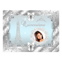Princess Teal Blue Quinceanera Silver Photo BIG Invites