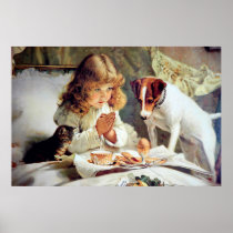 Print: Breakfast in Bed: Girl, Fox Terrier & Kitty