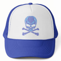 Printed Blue Rhinestone Skull & Crossbones Trucker Hat