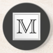 Printed Custom Monogram. Black and Pale Grey. Beverage Coaster