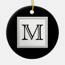 Printed Custom Monogram. Black and Pale Grey. Christmas Tree Ornament