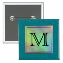 Printed Custom Monogram Image on Teal Pattern. Pinback Button