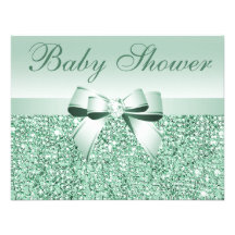 Printed Green Sequins, Bow & Diamond Baby Shower Announcement