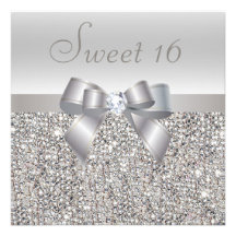 Printed Silver Sequins, Bow & Diamond Sweet 16 Personalized Invitations