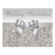Printed Silver Sequins, Bow & Diamond Wedding Personalized Invite