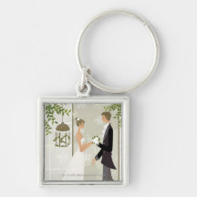 Profile of a man giving flowers to a woman key chains