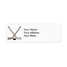 puck and hockey sticks design return address label